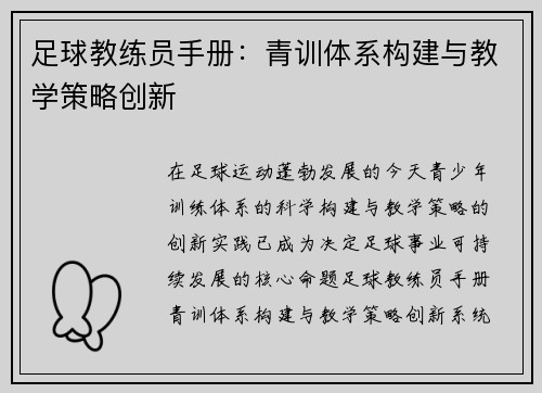 足球教练员手册：青训体系构建与教学策略创新